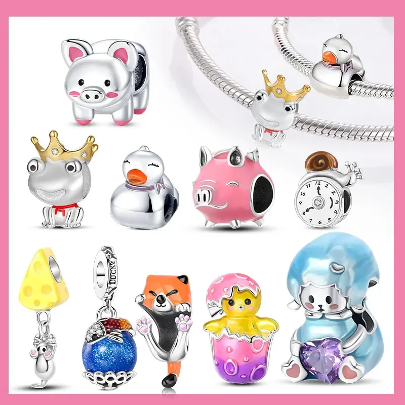 

925 Sterling Silver Little Yellow Duck and The Blue Bear Hug Heart Charm Fit DIY Bracelet Necklaces Cute Animal Jewelry Pendant