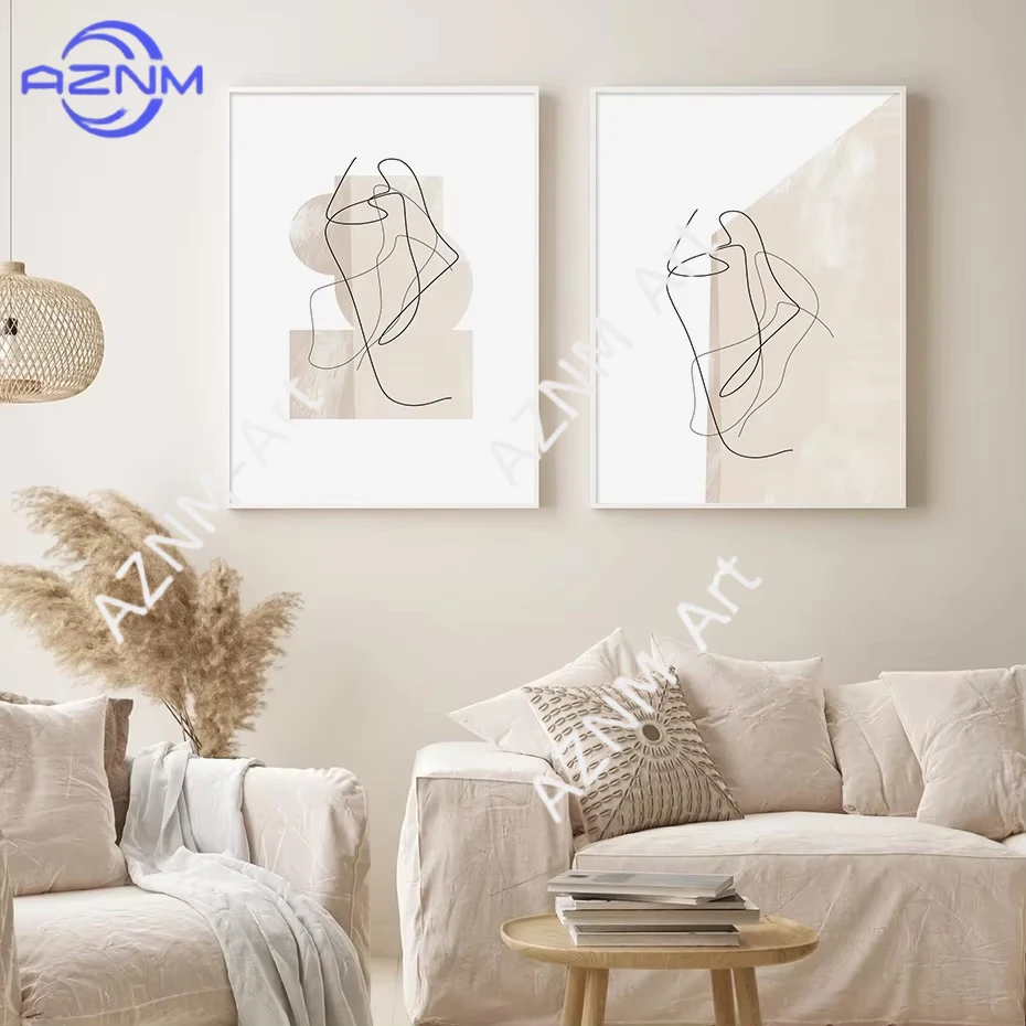 1/2 Stück Abstrakte Boho Beige Terrakotta Linien Minimalistische Wandkunst Leinwanddruck Poster für Wohnzimmer Moderne Heimdekoration