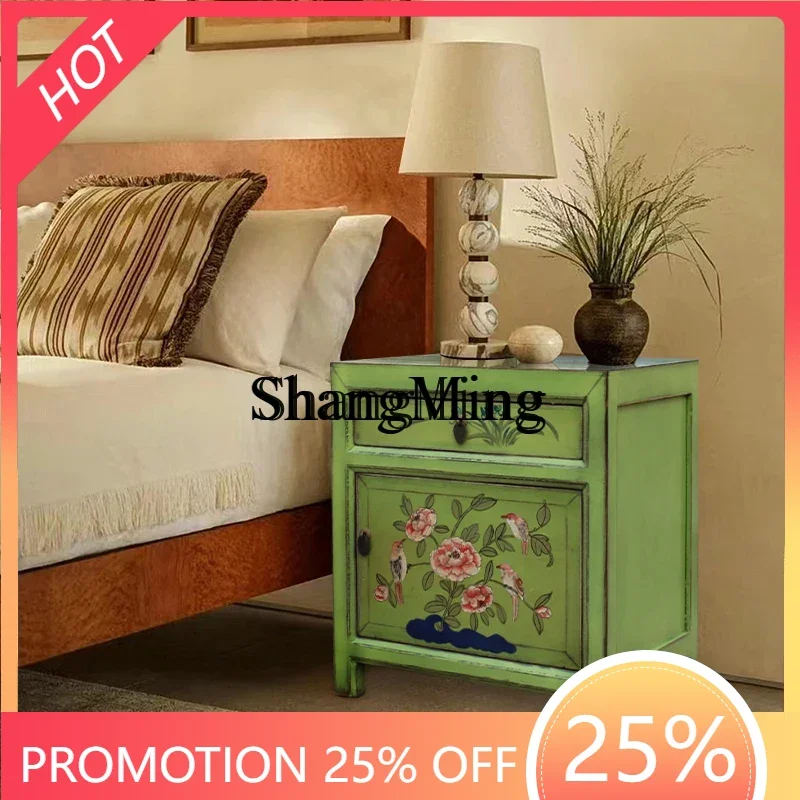 

ZYY Delicate Premium Chinese Antique Painted Bedside Table Solid Wood Modern Storage Home Bedroom Bedside Storage Cabinet