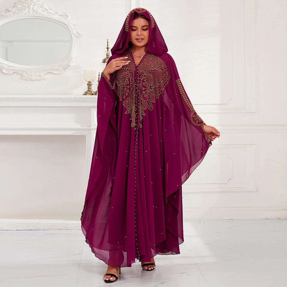 Muslim Hooded Robes Boubou African Abaya Dresses For Women Elegant Chiffon Beaded Long Dress Ladies Traditional Africa Clothing