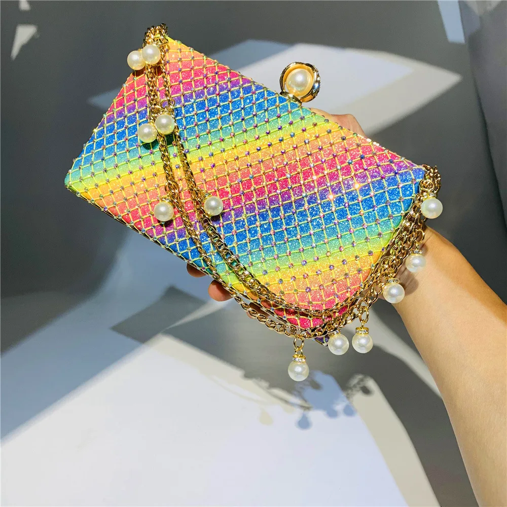 Women Fashion Diamonds Rhinestone Clutches Retro Pearl Chain Ladies Shoulder Bags Shiny Small Crossbody Bags Female Handbags