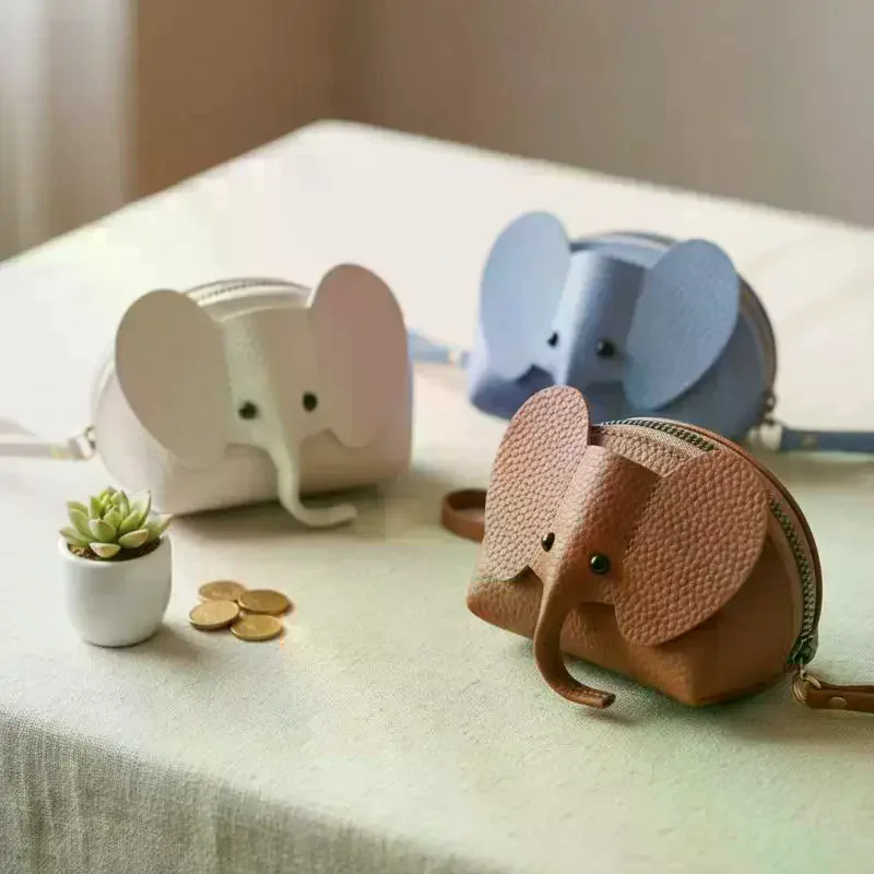 Cute Elephant Design Women's PU Leather Coin Purse, Multifunctional Zipper Key Case with Key Ring