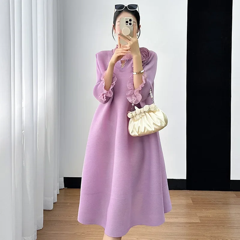 Miyake Pleated Dress Women's 2024 Summer New Round Neck Lace Three-quarter Sleeve Solid Color High-end Elegant Mid-length Skirt