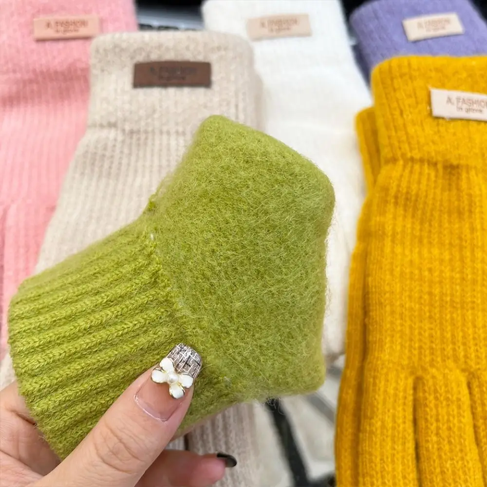 الحلوى اللون قفازات الحياكة خمسة أصابع شاشة تعمل باللمس كامل فنجر القفازات الدافئة قفازات ركوب الدراجات قفازات القيادة الإناث #3