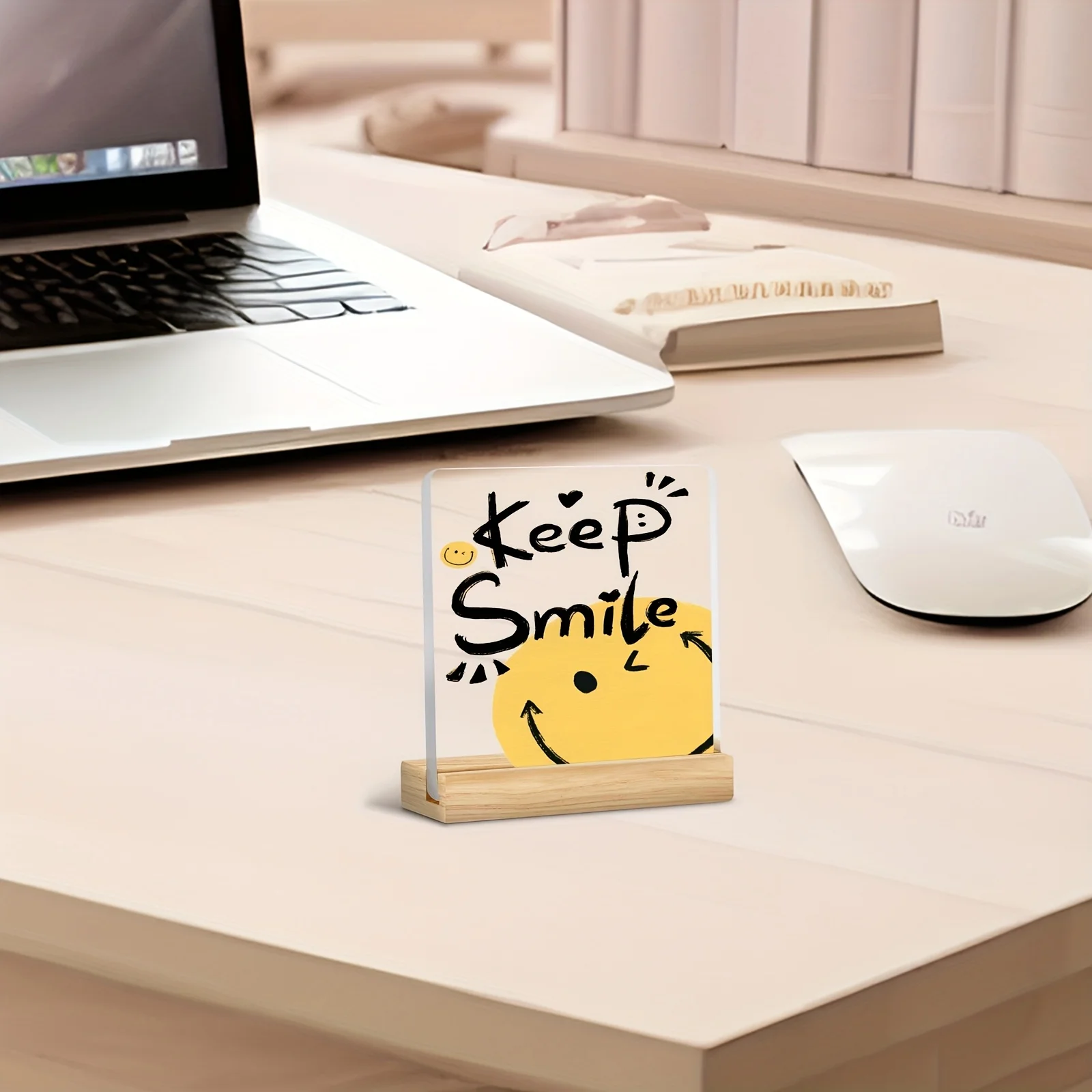 استمتع بالديكور المكتبي من الأكريليك - عبارة تحفيزية للوجه السعيد، طباعة مسطحة ثنائية الأبعاد، زخرفة ملهمة ورف الكتب