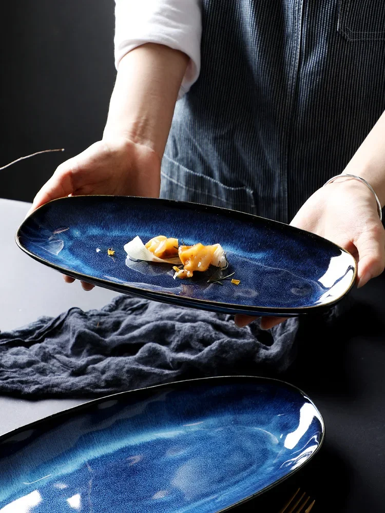 Large Kiln Baked Ceramic Fish Plate Oval Plate Sushi Plate Western Plate Dan-Shaped Plate Hotel Restaurant Commercial Dish