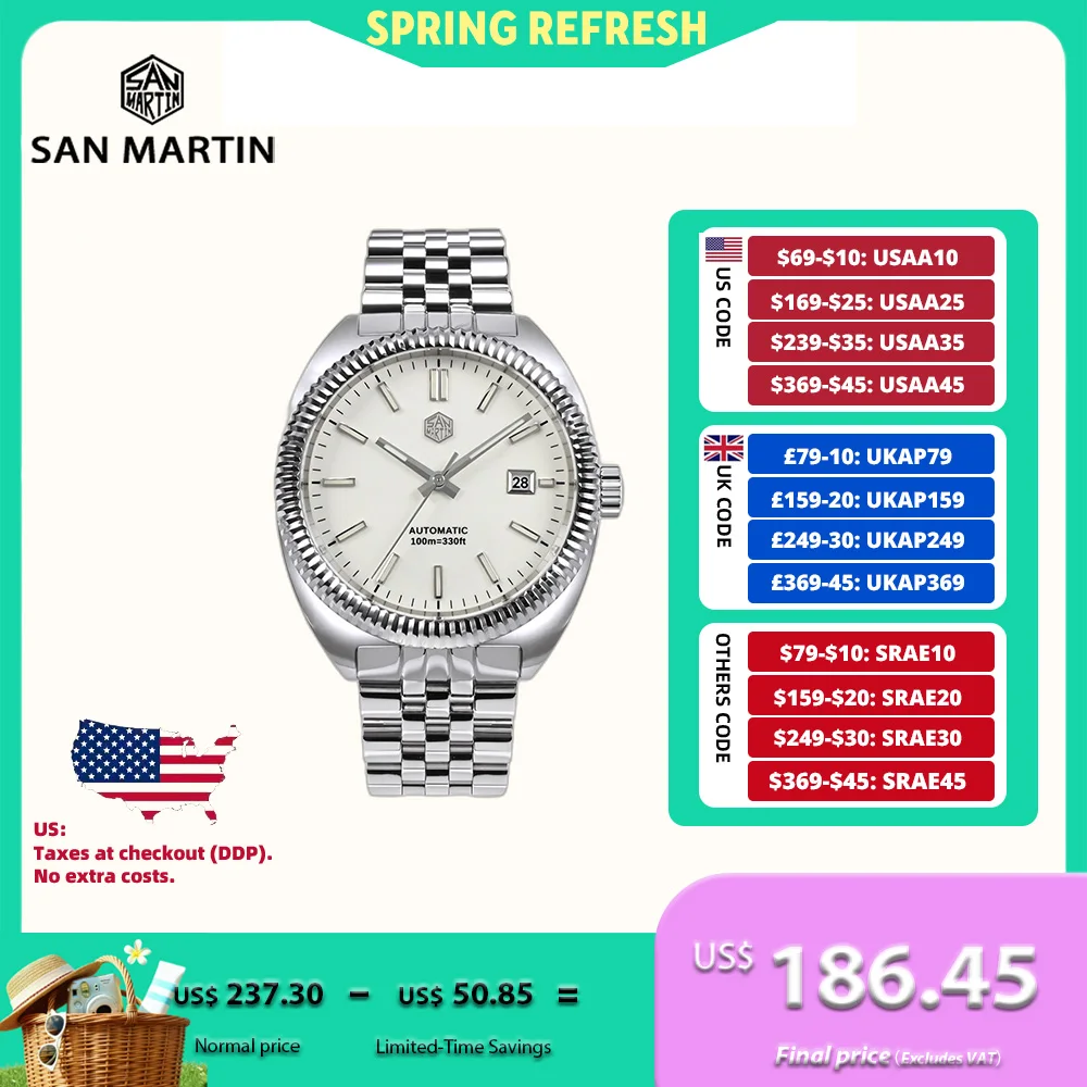 

San Martin Original 40mm Men Mechanical Watch Automatic Self Winding Wristwatch Date YN55 5-Link Bracelet Swim Montre SN0069