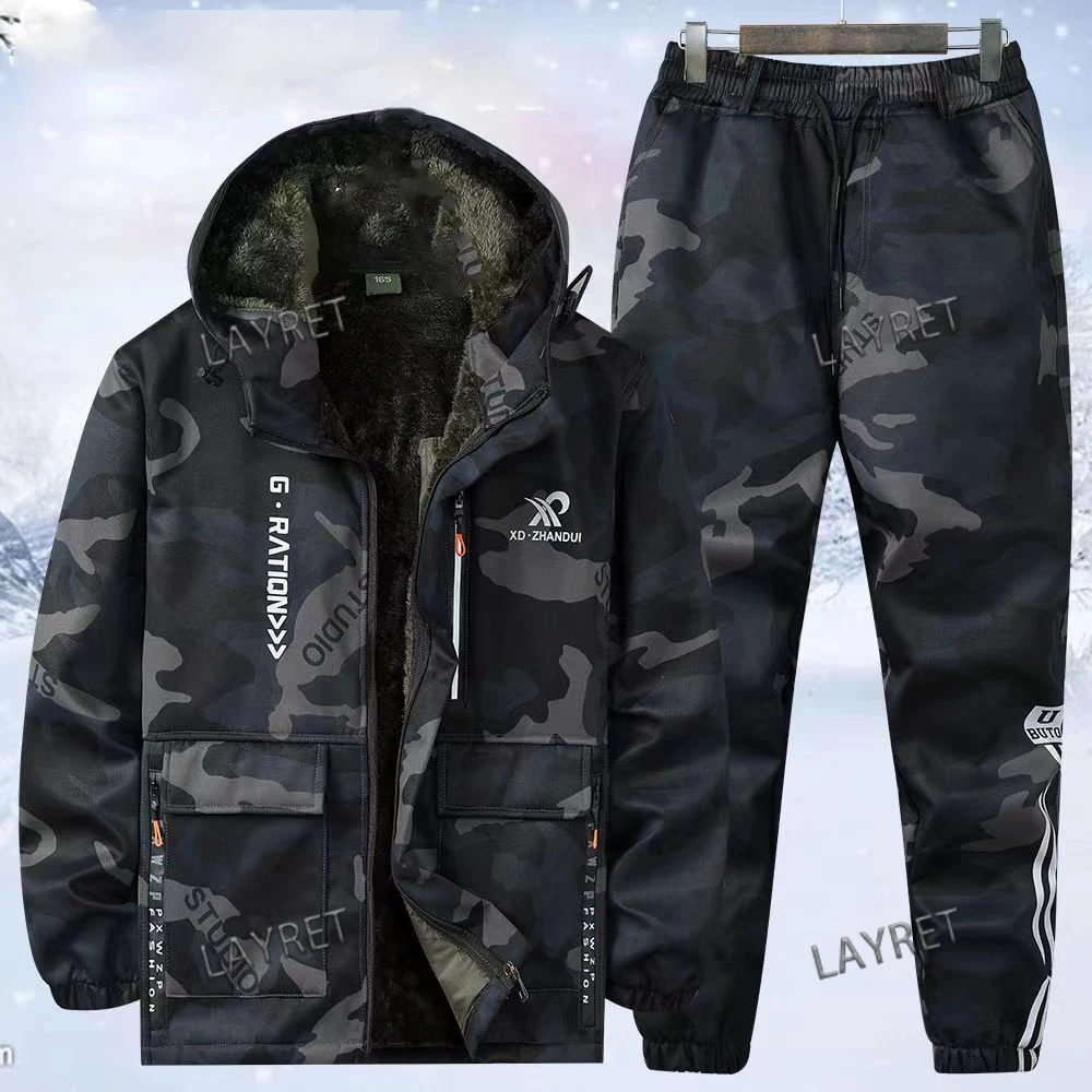 Men's Set Autumn Winter Clothing with Plush Warm Camouflage  Wear-resistant Labor Protection Clothes Dirt Resistant Work Clothes