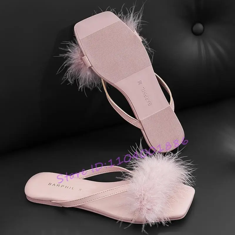 

Розовые, черные шлепанцы с перьями, милые феи, волосатые тапочки с квадратным носком, летние уличные повседневные туфли на мягкой подошве на плоской подошве, мюли