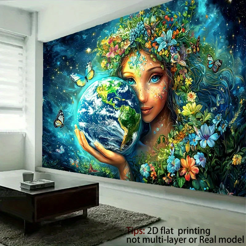 Bohemian Galaxy Tapestry Wall Hanging Earth Goddess Cosmic Flora Mural Decor Art Blue Green Space Boho Living Room Poster Print