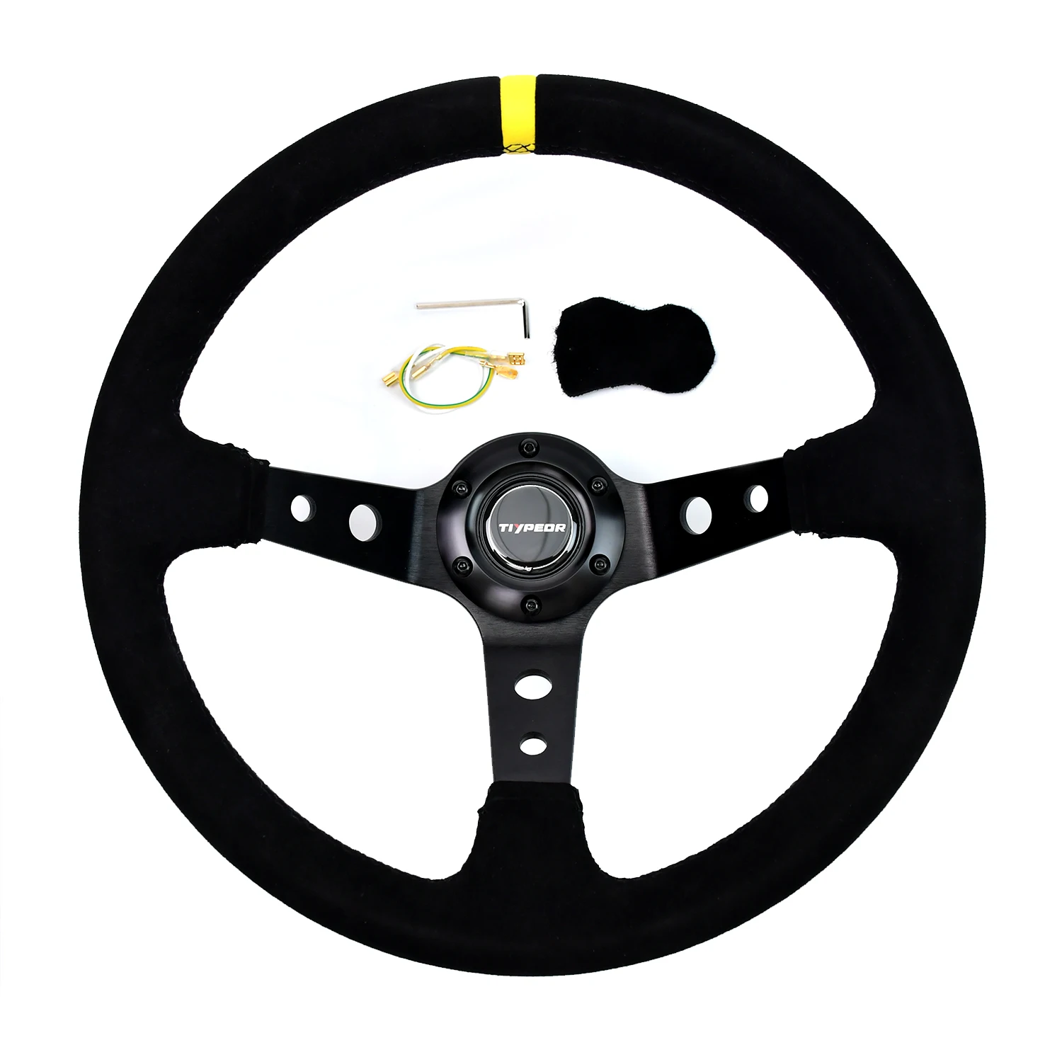 TIYPEOR 14 Inch Suede 90mm Deep Dish Steering Wheel Black 350mm Steering Wheel for Drift
