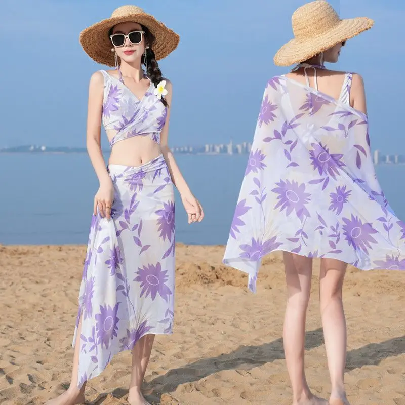 New Fashion Triangle Bikini 3PCS Swimwear Female Chiffon Skirt Bathing Suits for Holiday Beach Party view 4