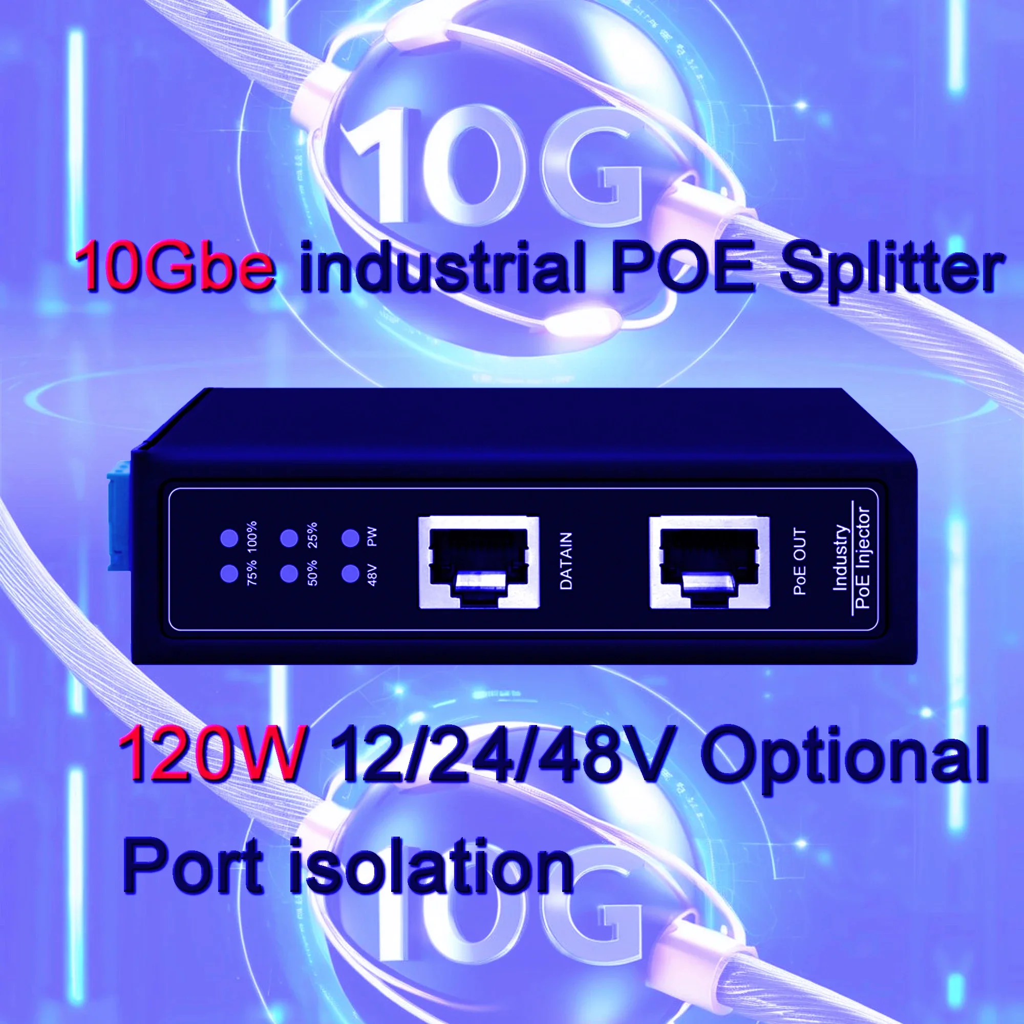 10G Industrial POE Splitter 60/90/120W|DIN Separator|Port Isolation|12/24/48Vdc Output|802.3at/af/bt|6KV Surge Protection