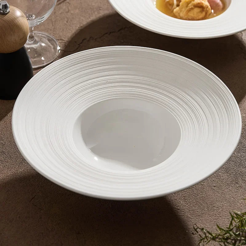 Line Striped Ceramic Plate Restaurant Thick Soup Plate Dessert Snack Bowl Serving Bowl Special Tableware for Molecular Food.