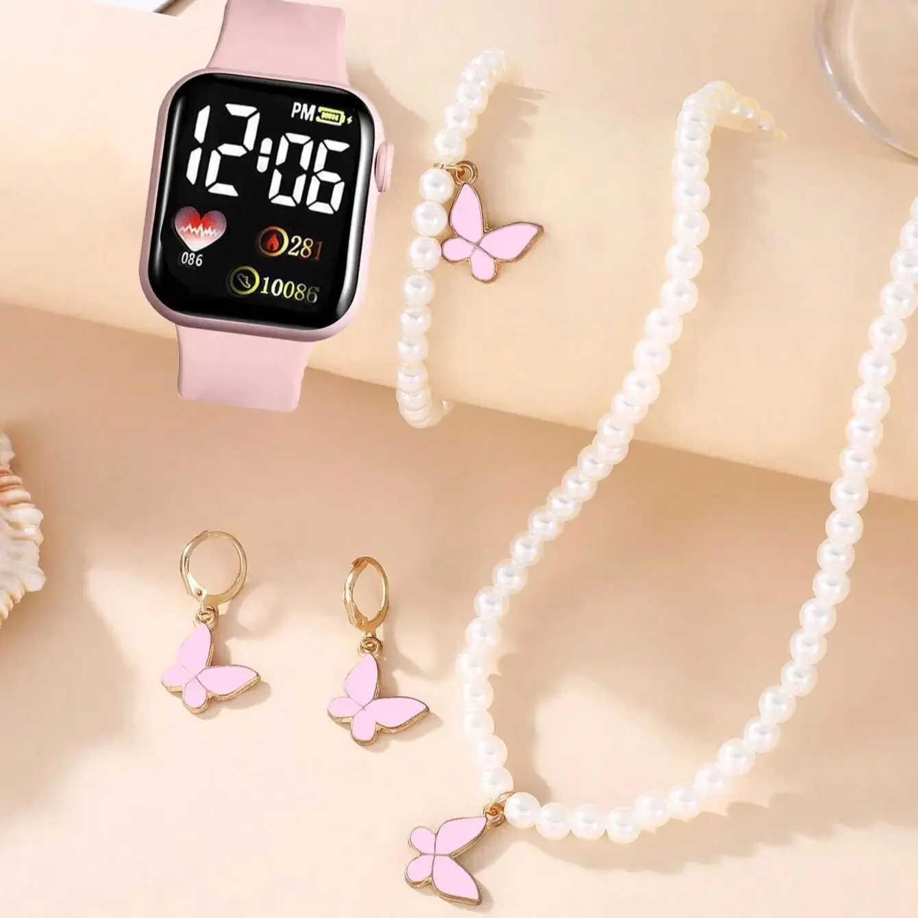 Sifang Caring Girl Electronic Watches And 4 Pearl Butterfly Love Jewelry Set Cute And Romantic