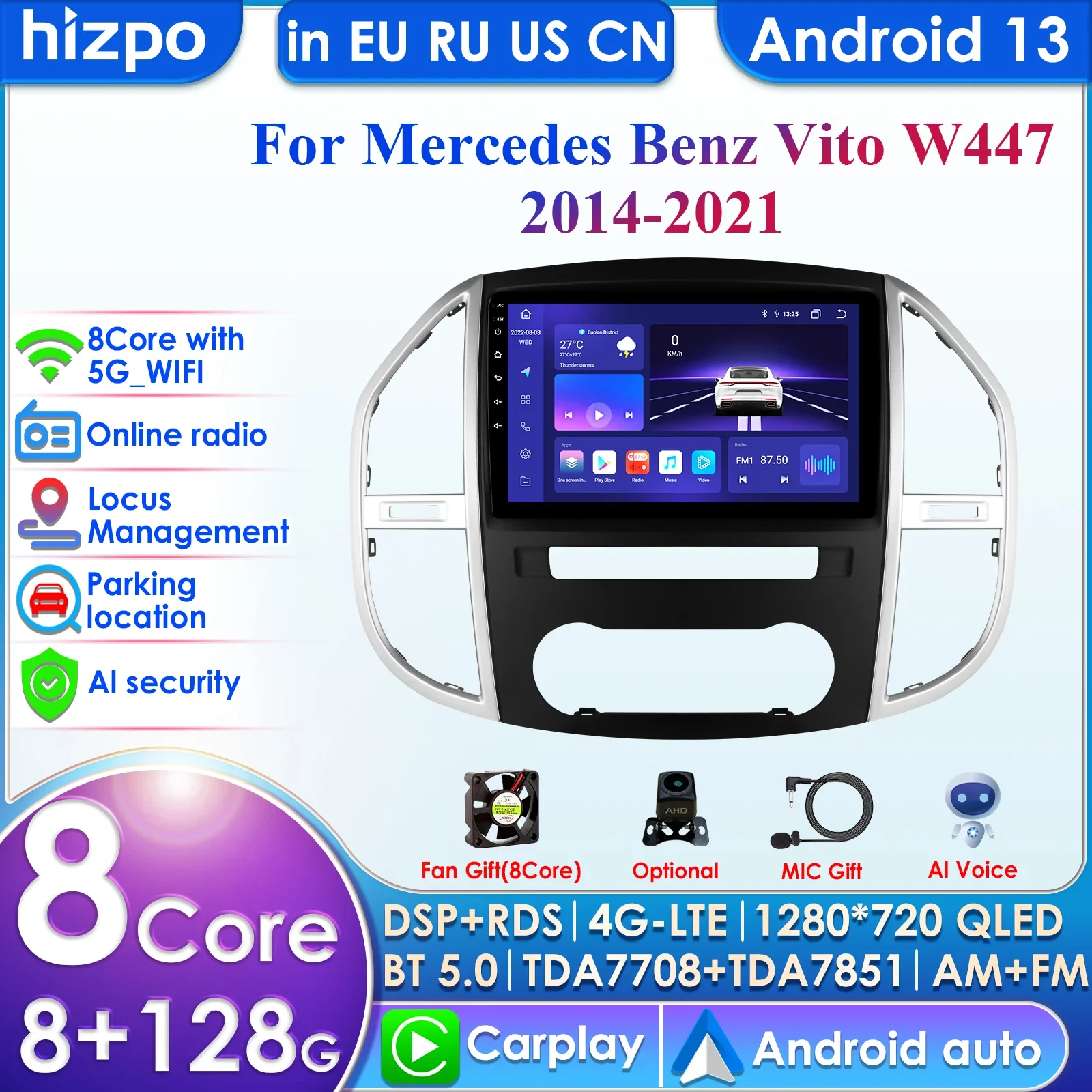 Hizpo 10.1 inch 7862 Android Car Radio for Mercedes Benz Vito W447 2014 - 2021 Navigation GPS Carplay 4G Car Intelligent Player