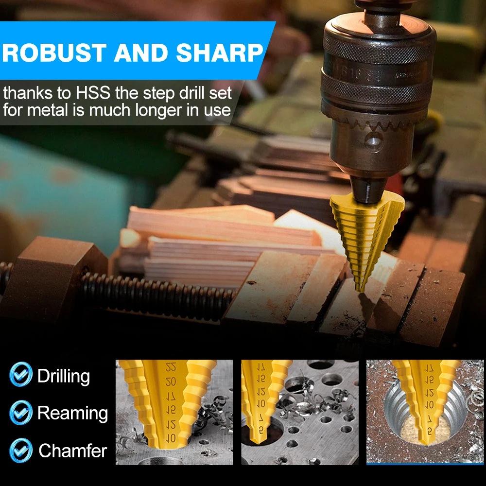 XCAN 5-35mm HSS Step Drill Bit Straight Groove Titanium Coated Wood Metal Hole Cutter 13 Steps Multiple Hole Cone Drill Bit