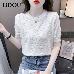 2023 Summer New Solid Color Round Neck Short Sleeve Knitting T-Shirts Women Thin Style Embroidered Flares All-match Pullovers