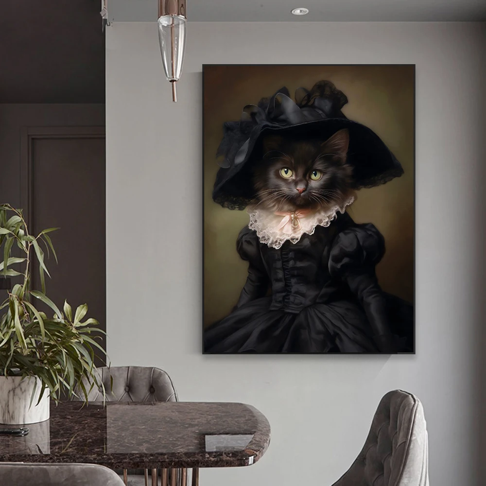 Royal Lady Black Cat Vintage Print Poster Victorian Animals Portrait Abstract Wall Art Prints Altered Art Canvas Painting Decor