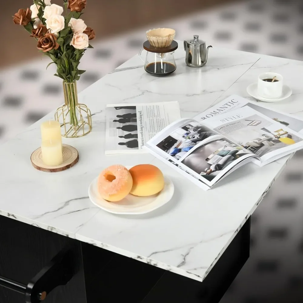 Kitchen Island with Storage, White Marble Tabletop, Rolling Kitchen Island Cart on Wheels with Drop Leaf Breakfast Bar,Black