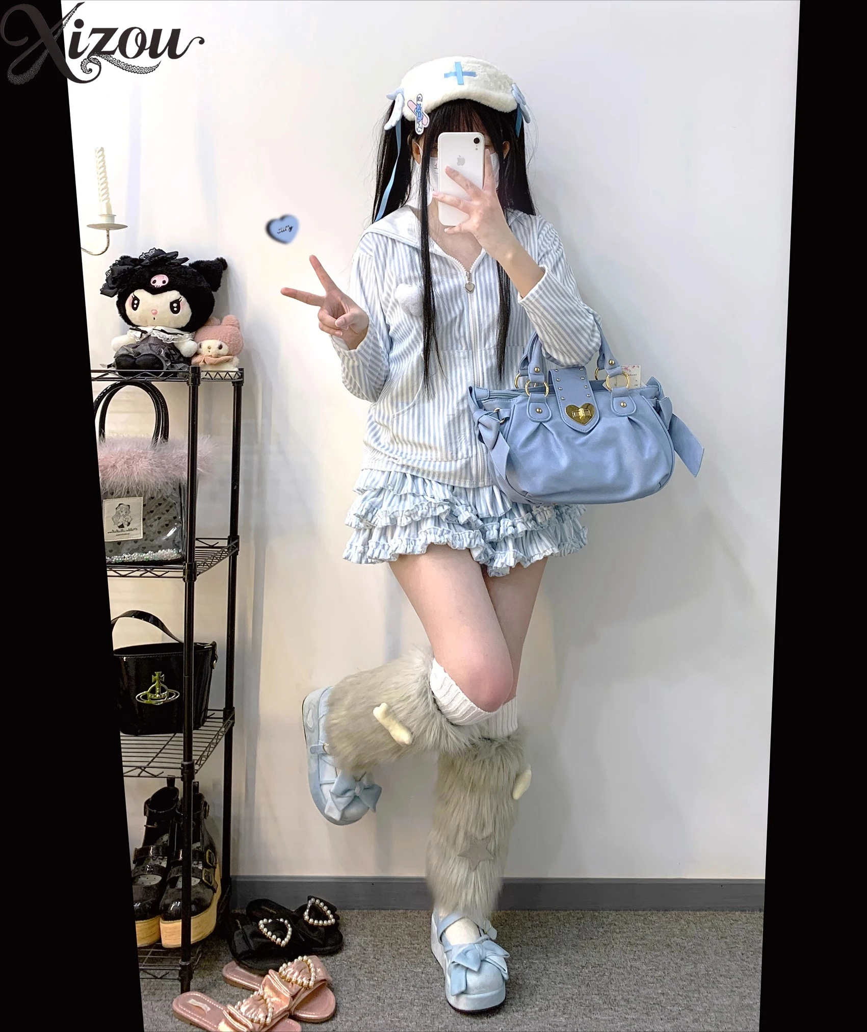 2025 سلسلة الألغام اليابانية مجموعة مخططة الطبية مقنعين زمم البلوز كعكة تنورة JK تأثيري آذان أرنب Y2K الزي الحلو الصيف #3