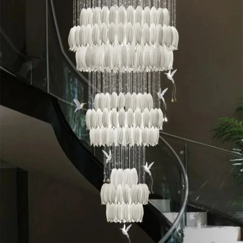 

Luxury Crystal Staircase Chandelier For Stairsway Loft Ceramic Flowers Ceiling Chandelier For High Ceiling Villa Hotel Lobby