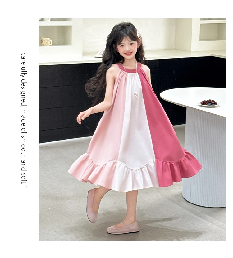 Mädchenkleid mit süßem Farbblock-Design für Sommerkostüme, Baumwolle, hohe Qualität, Kinderkleidung für Alter 7 8 9 10 12 14 Jahre – Detail 18