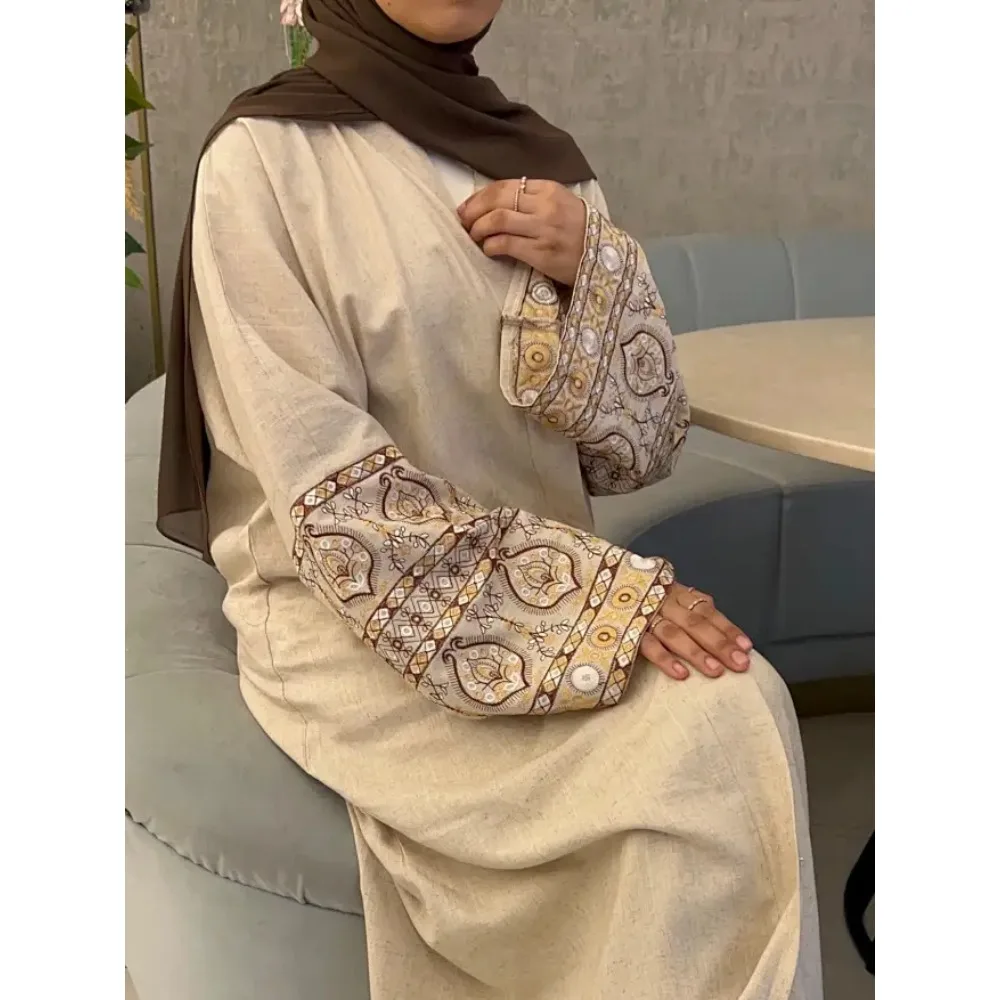 

Embroidery Kimono Abaya Cotton Linen Fabric Muslim Open Abayas for Women Dubai Luxury Turkey Hijab Dress Kaftan Islamic Clothing