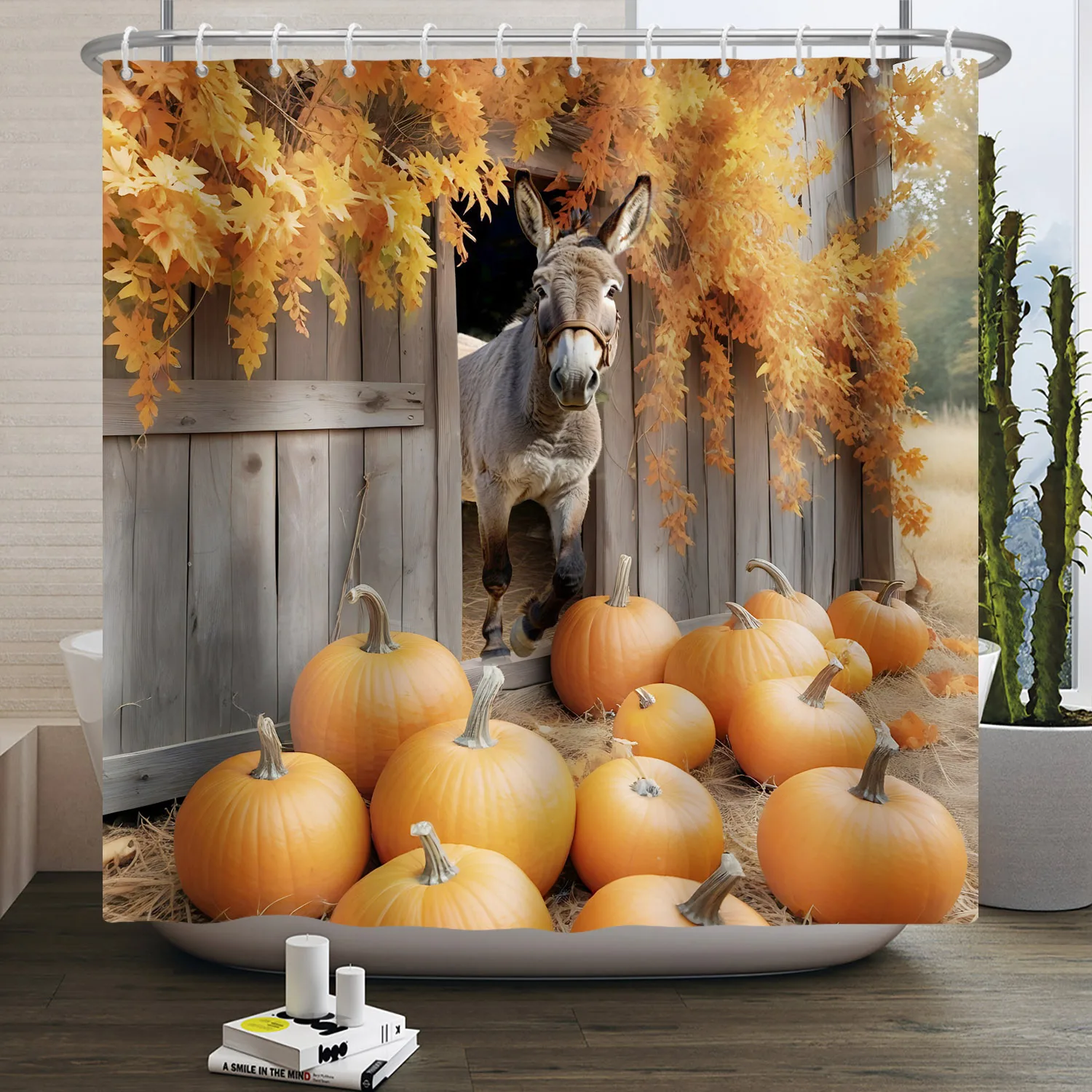 Rustic Stable Horse Wood Panel Eclectic Shower Curtain Bohemian style Fall Barn Haystack Farm Bathroom Waterproof Shower Curtain