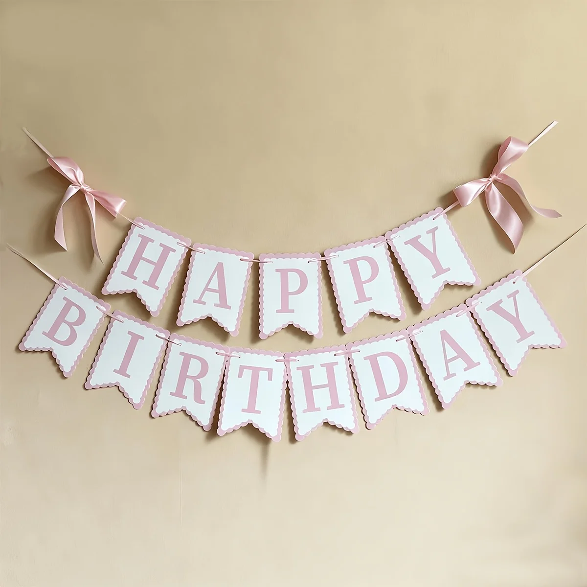 1SET Pink Bow Happy Birthday Banner, Wavy Edge Bunting Flag for Girl Birthday Party Wall Decor