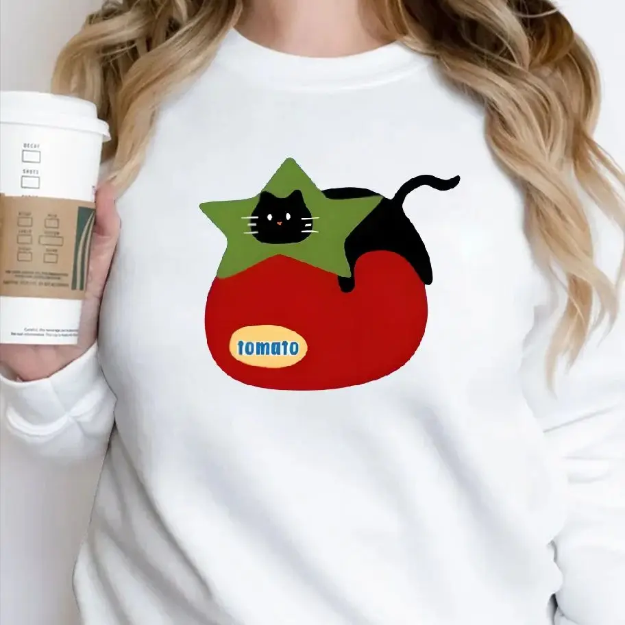 

Sweatshirt Long Sleeves Stylish Pullover Y2K Graphic Hoodies Crew Neck Unisex Casual Daily Wear Cartoon Cute Tomato Black Cat