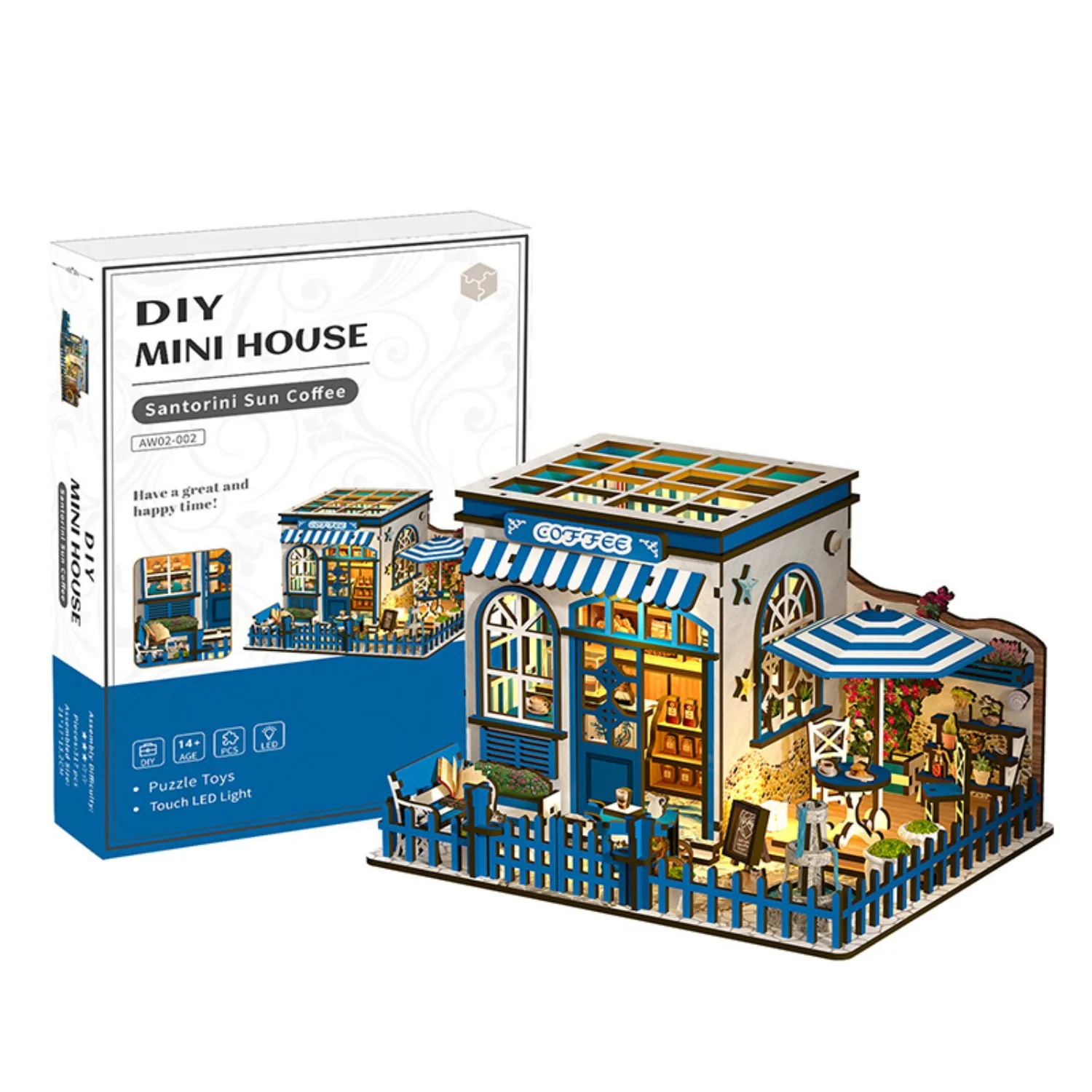 

DIY Santorini Sunshine Coffee Shop bookshelf handmade assembled wooden miniature model DIY assembly toy