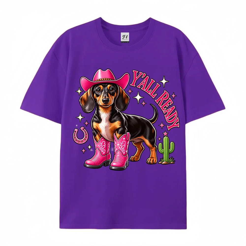 Women Cowboy Dog Graphic T Shirt Cute Dachshund Pink Cowboy Hat Western Boots Yall Ready Casual Short Sleeve   Top ﻿ ﻿