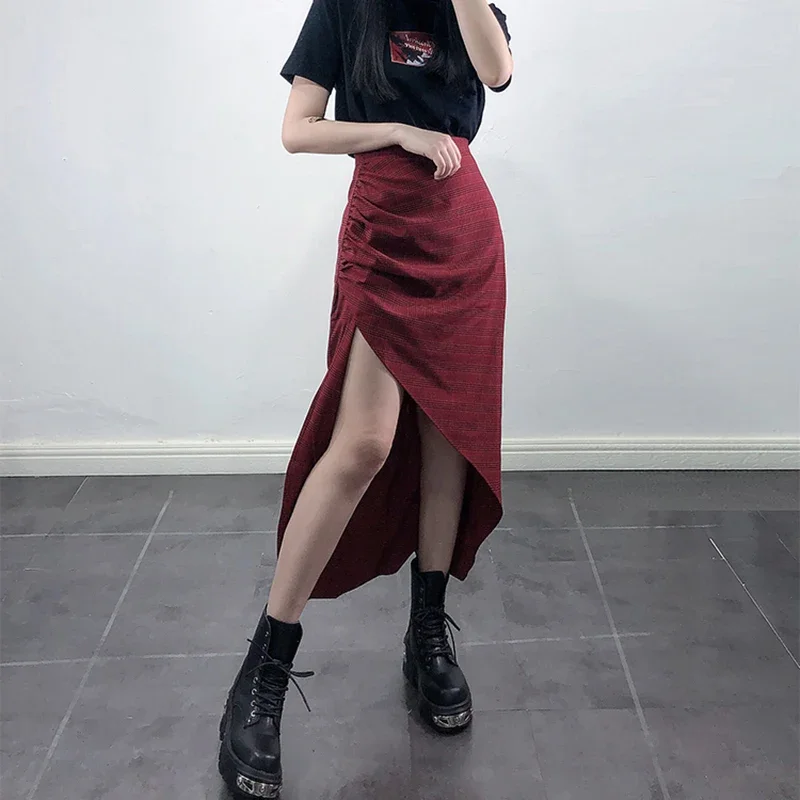 Fashion Summer Punk Gothic Girl High Split Pleated Skirts 2024 Women Sexy Red Plaid High Waist Long Skirt Female Streetwear New