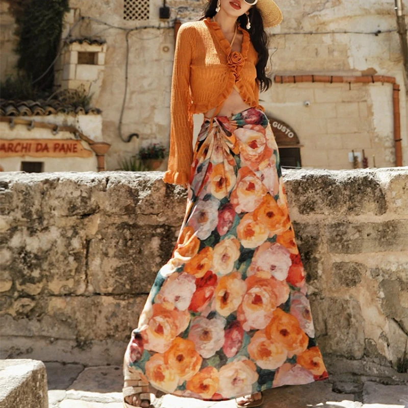 66-74cm Waist SpringSummer Maxi Skirts Women French Elegant Vacation Style Oil Painting Print Floral Skirt All-Match Long Skirts