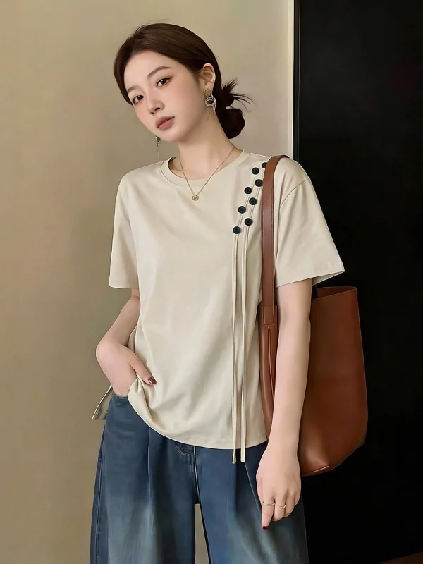 

Khaki Short Sleeve T-Shirt Women's Loose Fit Shoulder Design Summer New Style plus Size Comfortable Korean Version round Neck...