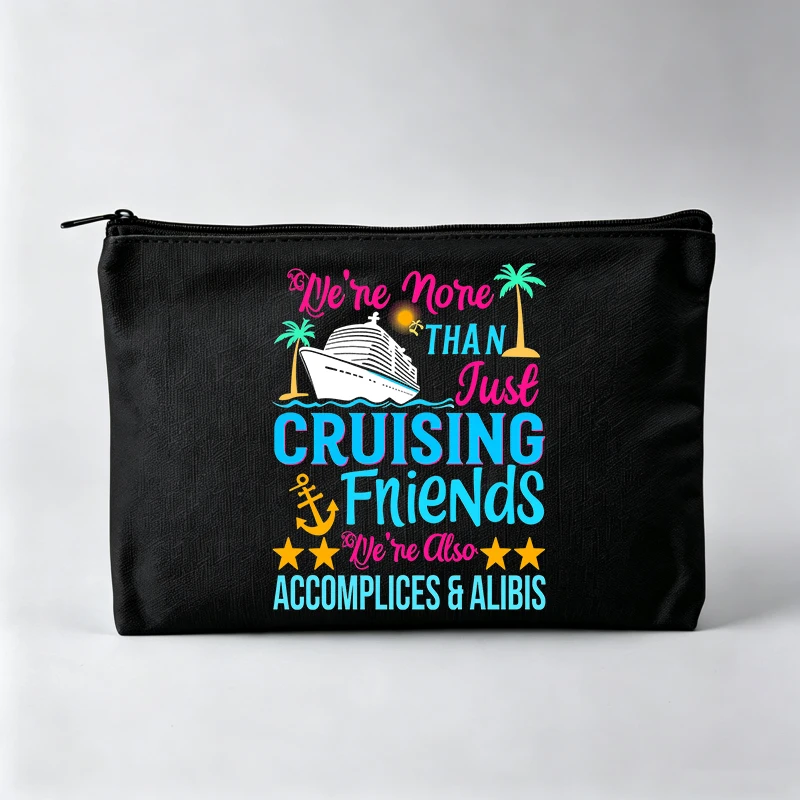 Women's Slogan Style Makeup Bag with Cruise Ship and Palm Tree Graphic, Zipper Cosmetic Pouch for Travel