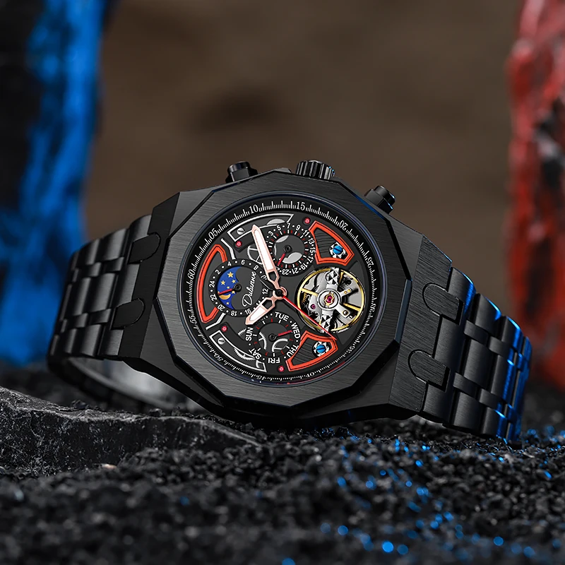DULUNWE Top Brand Design New Luxury Automatic Watch Steel Mechanical Watch Tourbillon Men Watch Super Luminous Waterproof Watch