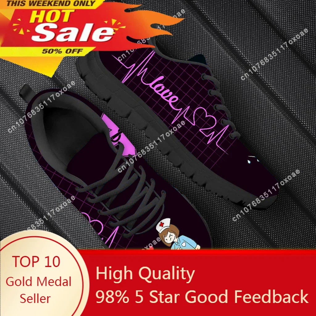 

Kawaii Nurse Doctor Print Flat Shoes For Women Purple ECG Heart Beat Footwear Hospital Worker Zapatos De Mujer