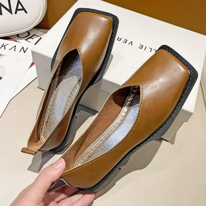 2024 Flat Shoes Women Square Toe Single Shoes Simple Temperament Leather Shoes Spring Autumn 4 Colors 35-40