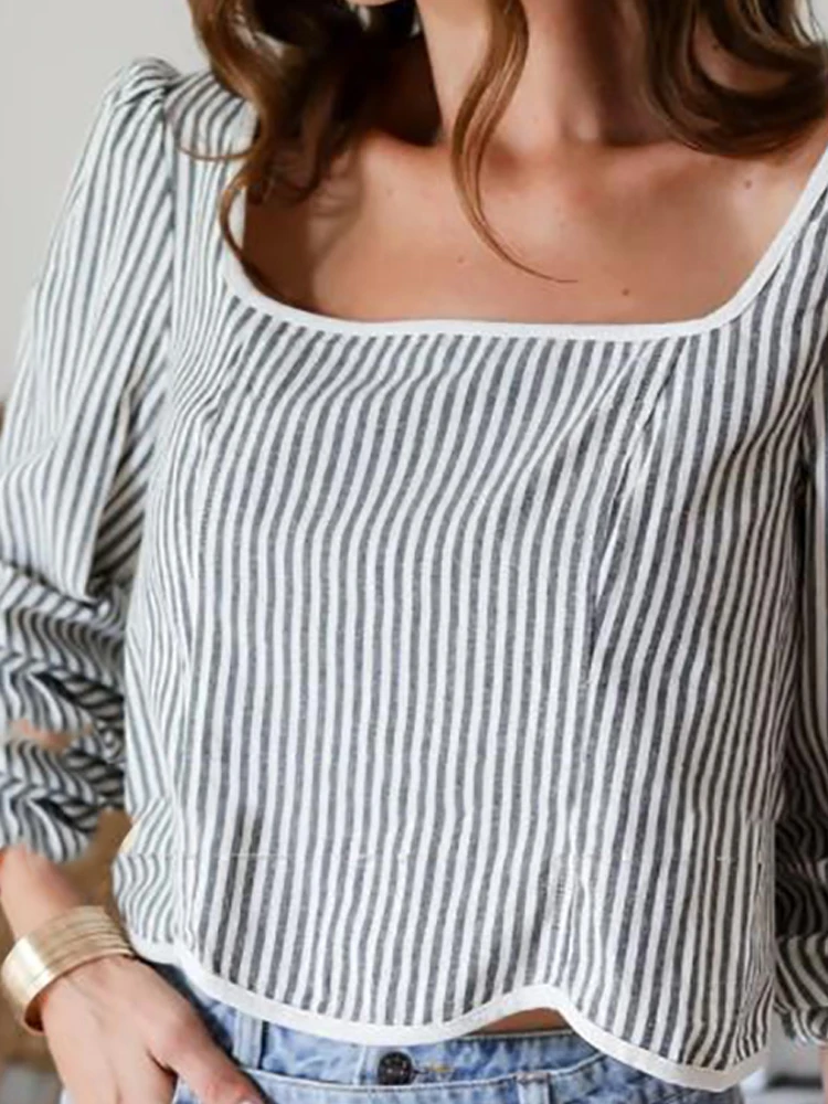 

Модная однобортная блузка в полоску с принтом, элегантные топы с квадратным воротником и длинными рукавами, женские повседневные свободные драпированные рубашки для поездок на работу