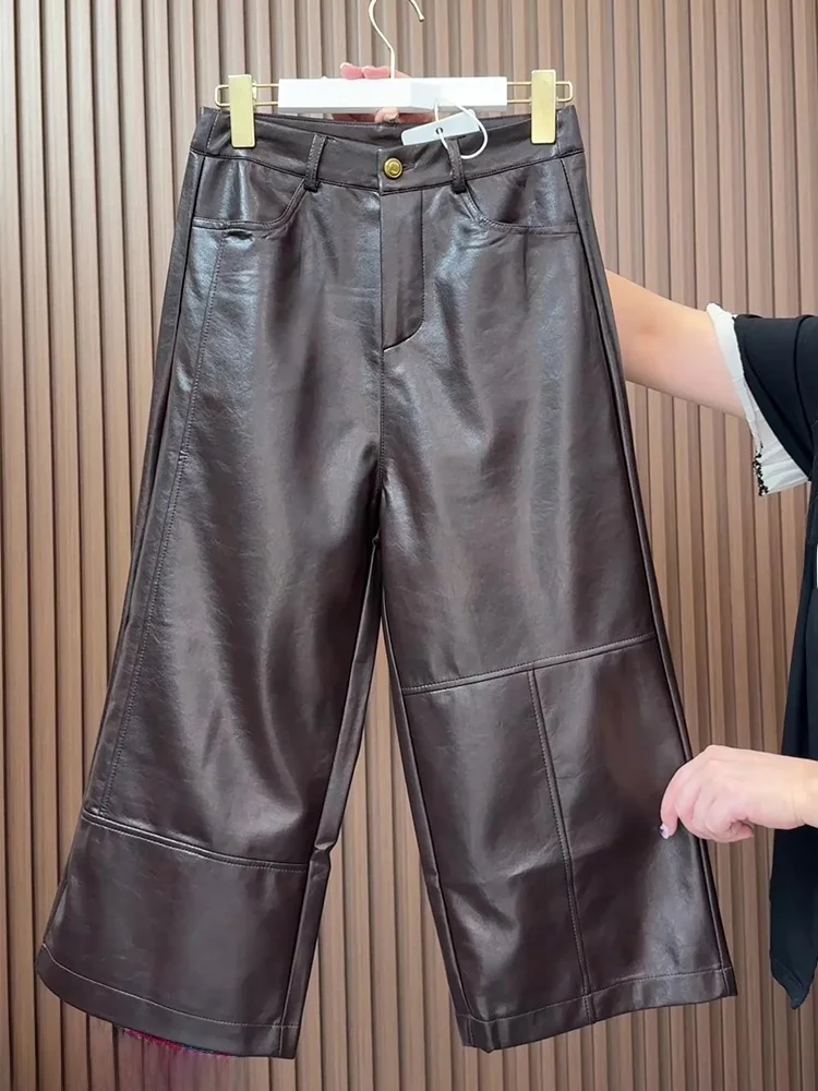 Faionable Pantaloni larghi in pelle a gamba dritta a vita alta Pantaloni casual da donna Autunno New Sle Vita elastica a sette piedi