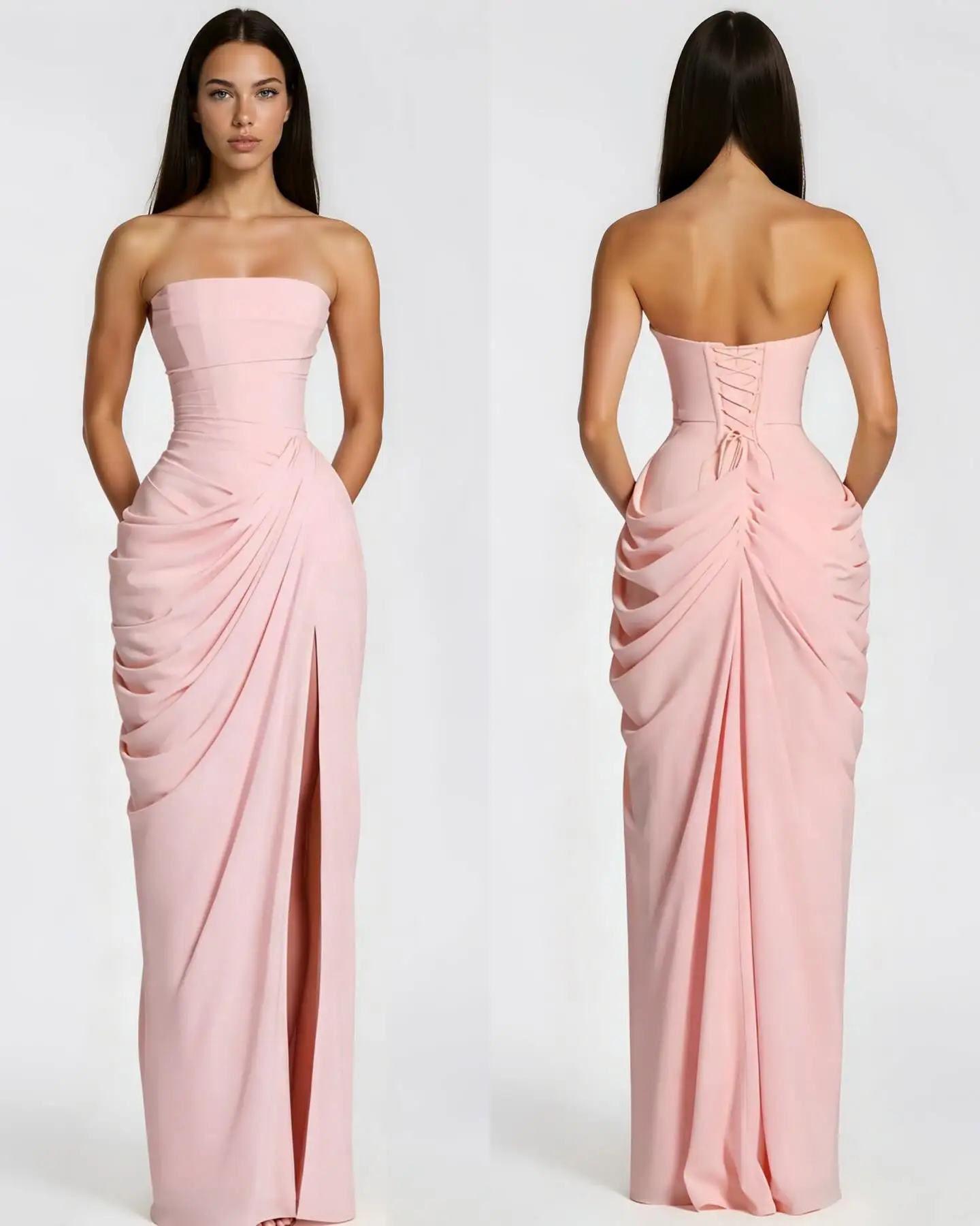 

Simple Strapless Sleeveless Prom Gowns Customized Straight Side Thigh Slit Evening Dresses Women's Back Lace Up Party Dress