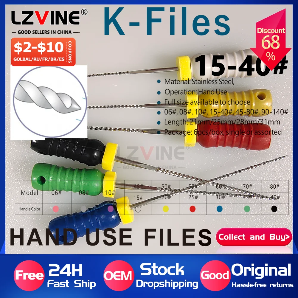 

6 шт./кор., стоматологический инструмент, контура корня, эндодонтический напильник K, эндодонтический инструмент из нержавеющей стали, стоматология, одонтология 21 мм, 25 мм, 31 мм