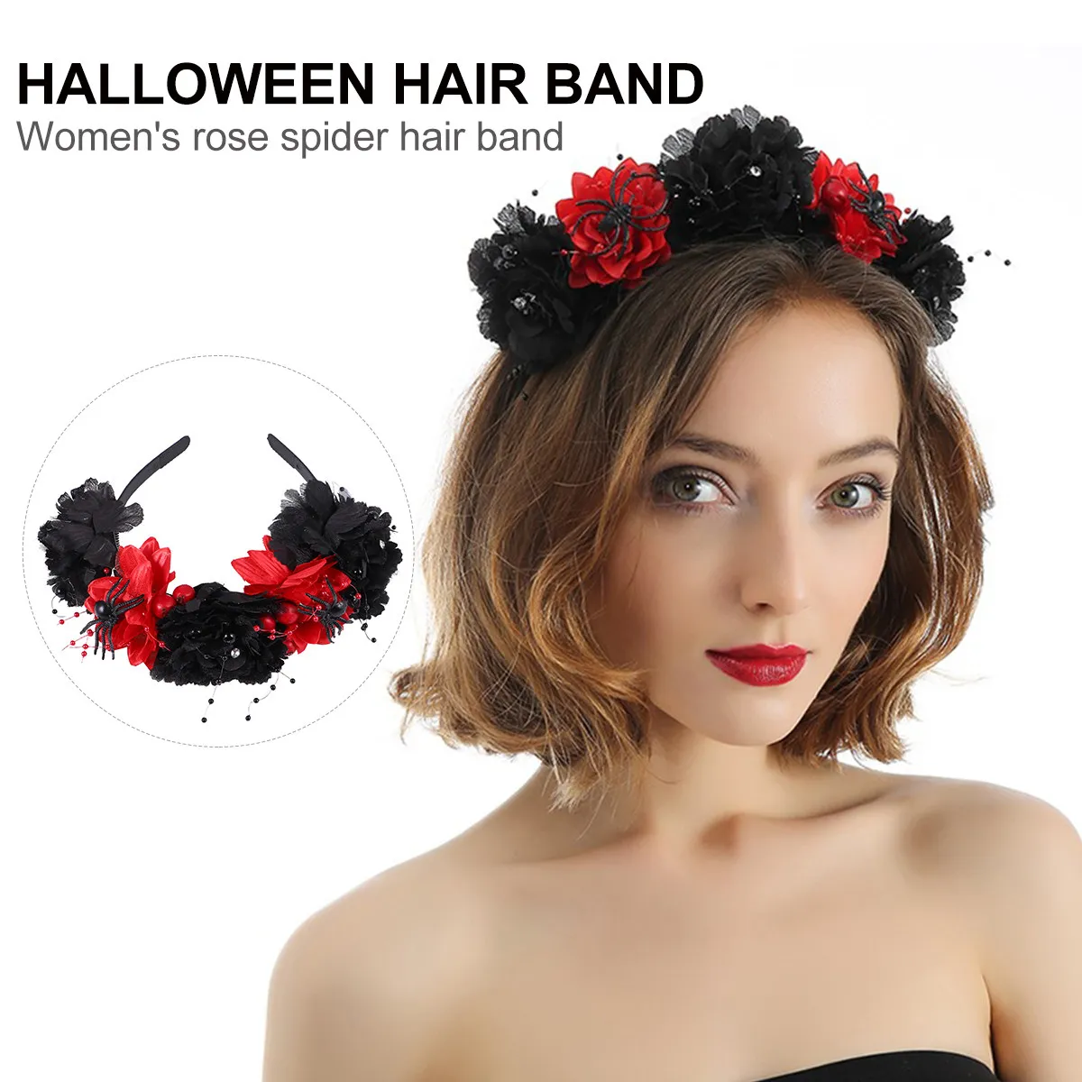 1Pcs Simulated Rose Floral Hairband Dark Red Elegant Silk Cloth Hair Hoop Halloween Party Wedding Festival Headdress Women