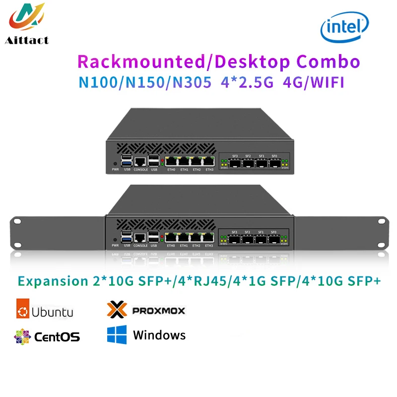 Aittact Firewall Hardware Gateway Server di sicurezza Mini 1U 9,5 pollici montato su rack N100 N305 RJ45 1G/10G SFP+ 4G/WIFI/BL GPIO TPM