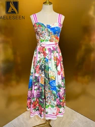 AELESEEN 100% Cotton Summer Dress Designer Fashion Sicilian Spaghetti Strap Colorful Flower Seascape Printed Elegant Long Poplin