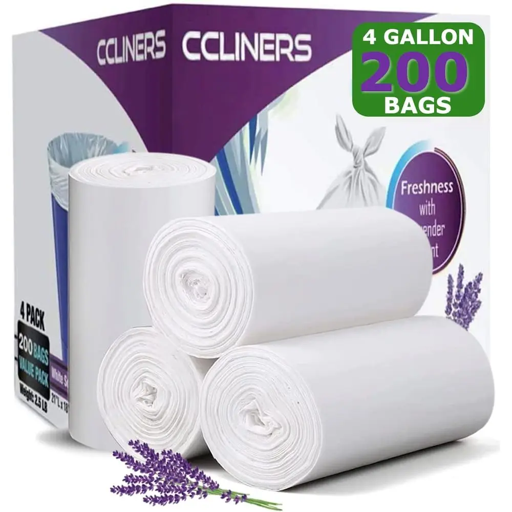 

Lavender-Scent 4 Gallon White Trash Bags, 200 Count for Bathroom & Office Wastebaskets