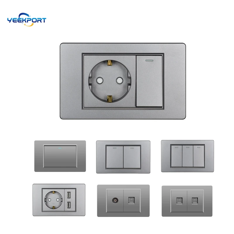 118mm EU Haushalt Deutscher Standard Graue PC Flammhemmende Platte 16A 2-Loch-Steckdose mit Schalter-Kombination – Detail 7