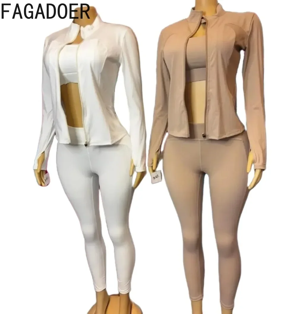 FAGADOER High Quality 3 Piece Sets Women Outfit Fashion Stretchy Tracksuit Sport Fitness Jacket+Bra+Leggings Suit Streetwear New